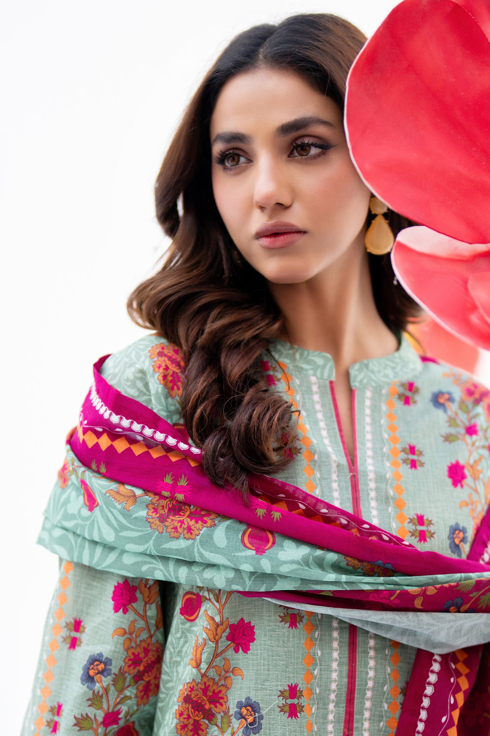 Pastel Floral Print Lawn 3-Piece Suit with Vibrant Scarf