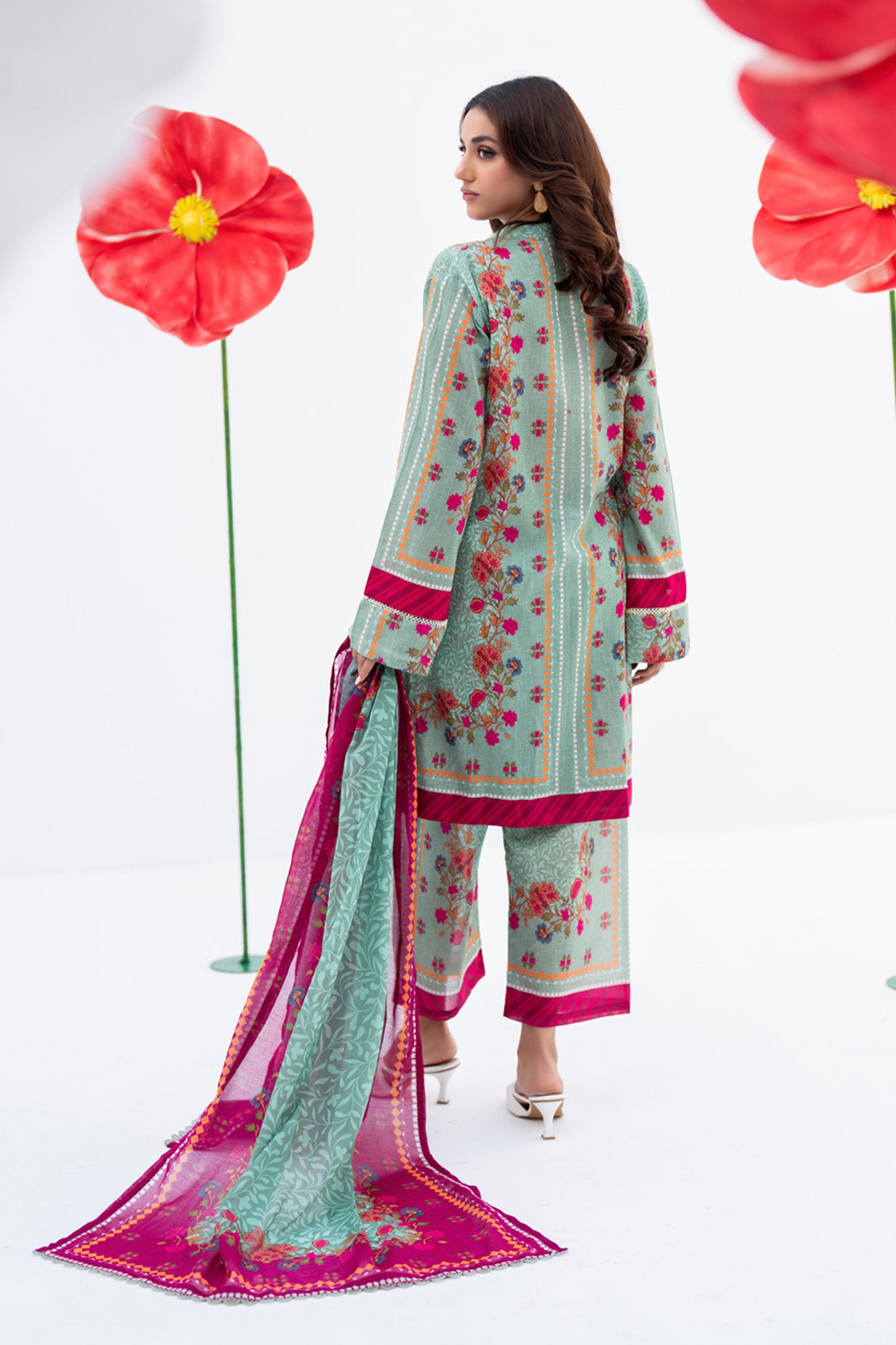 Pastel Floral Print Lawn 3-Piece Suit with Vibrant Scarf