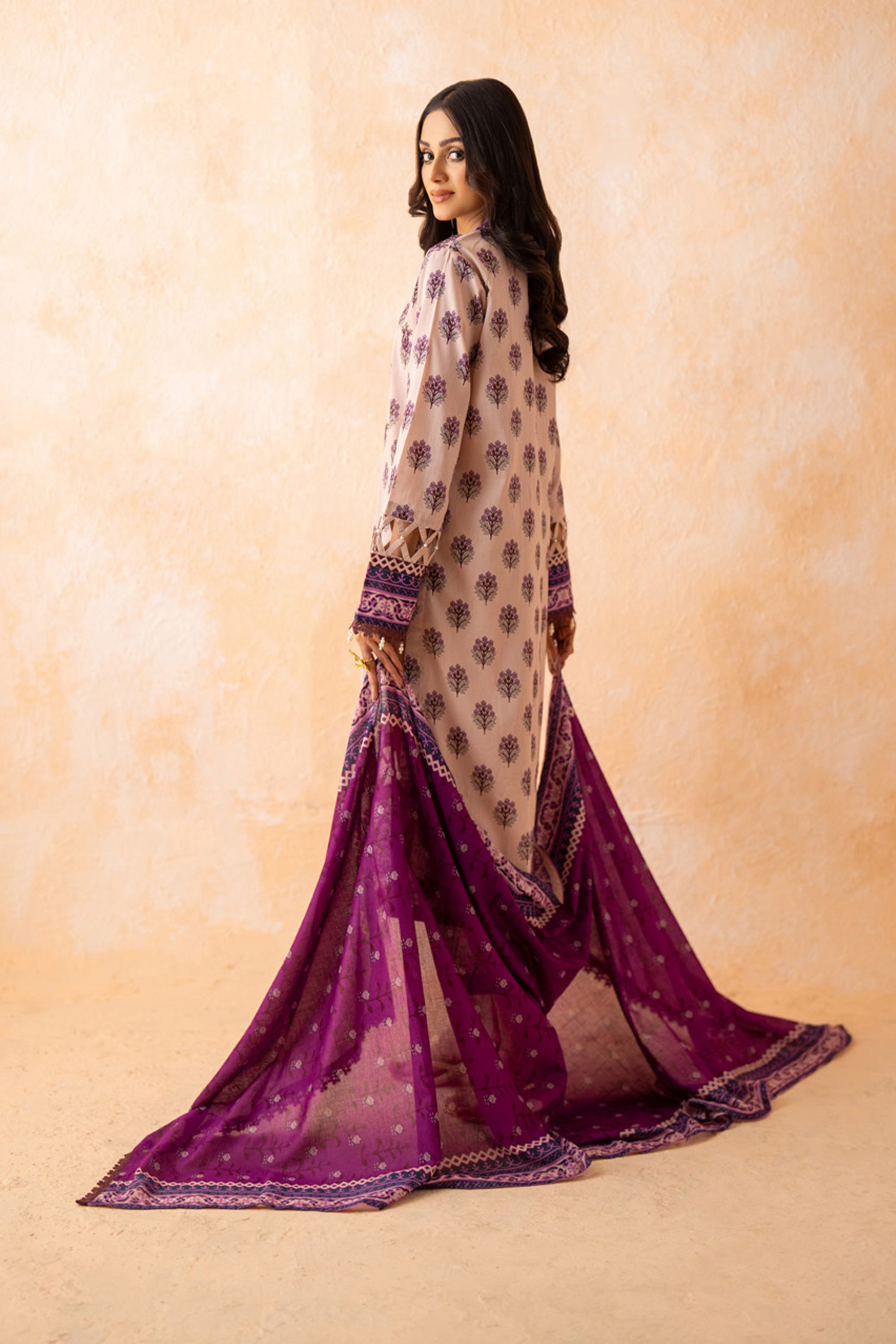 Neutral Base Printed Lawn Ensemble with Contrasting Purple Dupatta