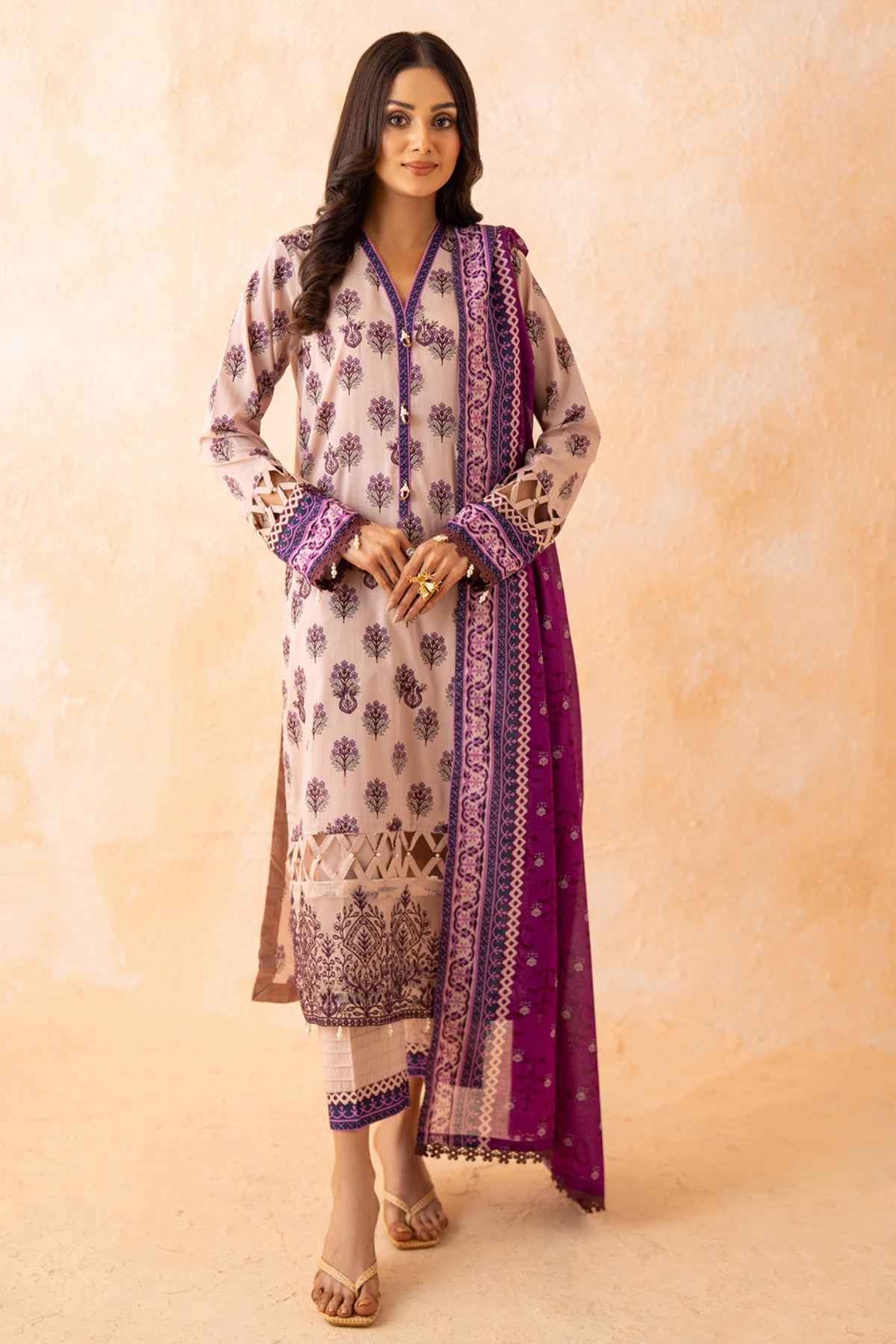 Neutral Base Printed Lawn Ensemble with Contrasting Purple Dupatta