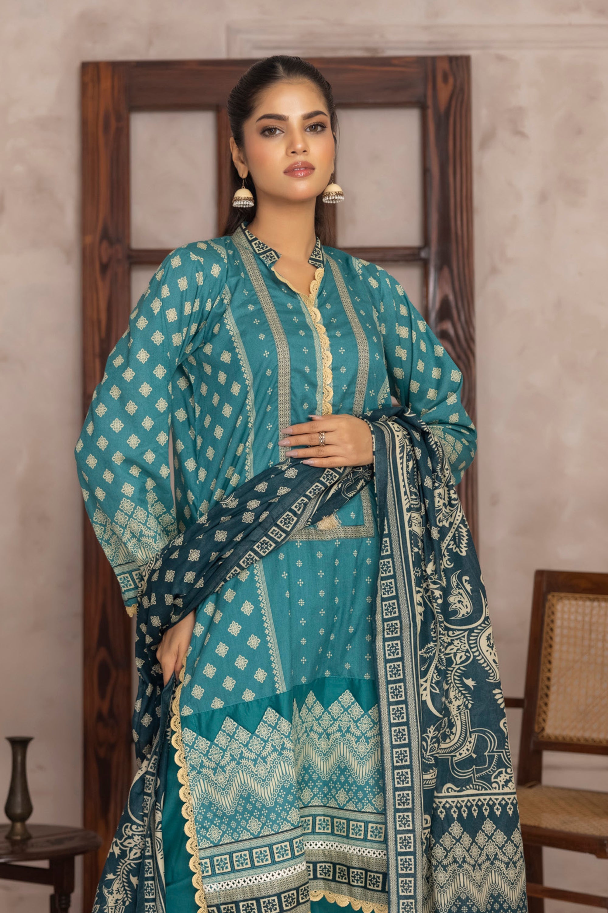 Salina 3PC Printed Lawn Suit-ST Graceful Teal Ensemble