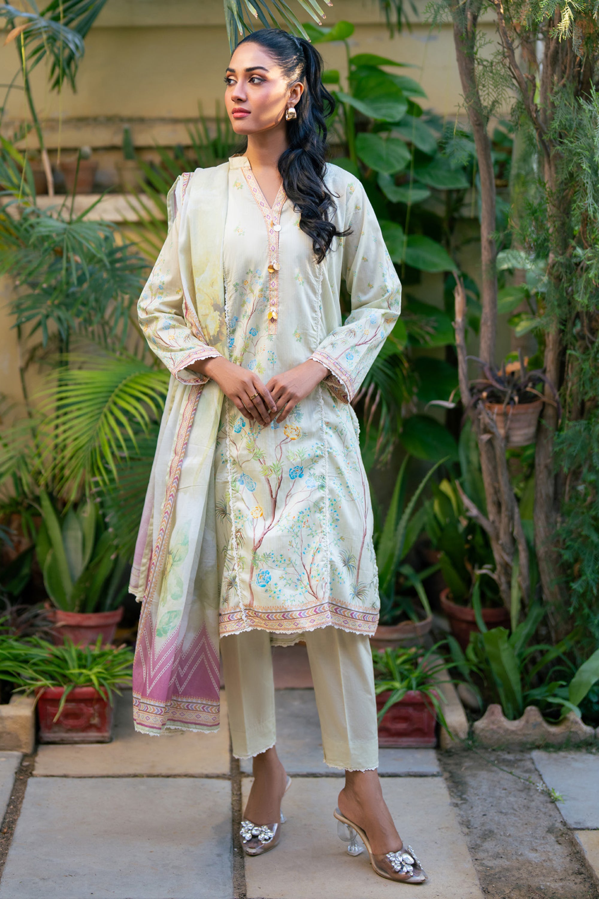 Stylish Pastel Floral Lawn Set with Border