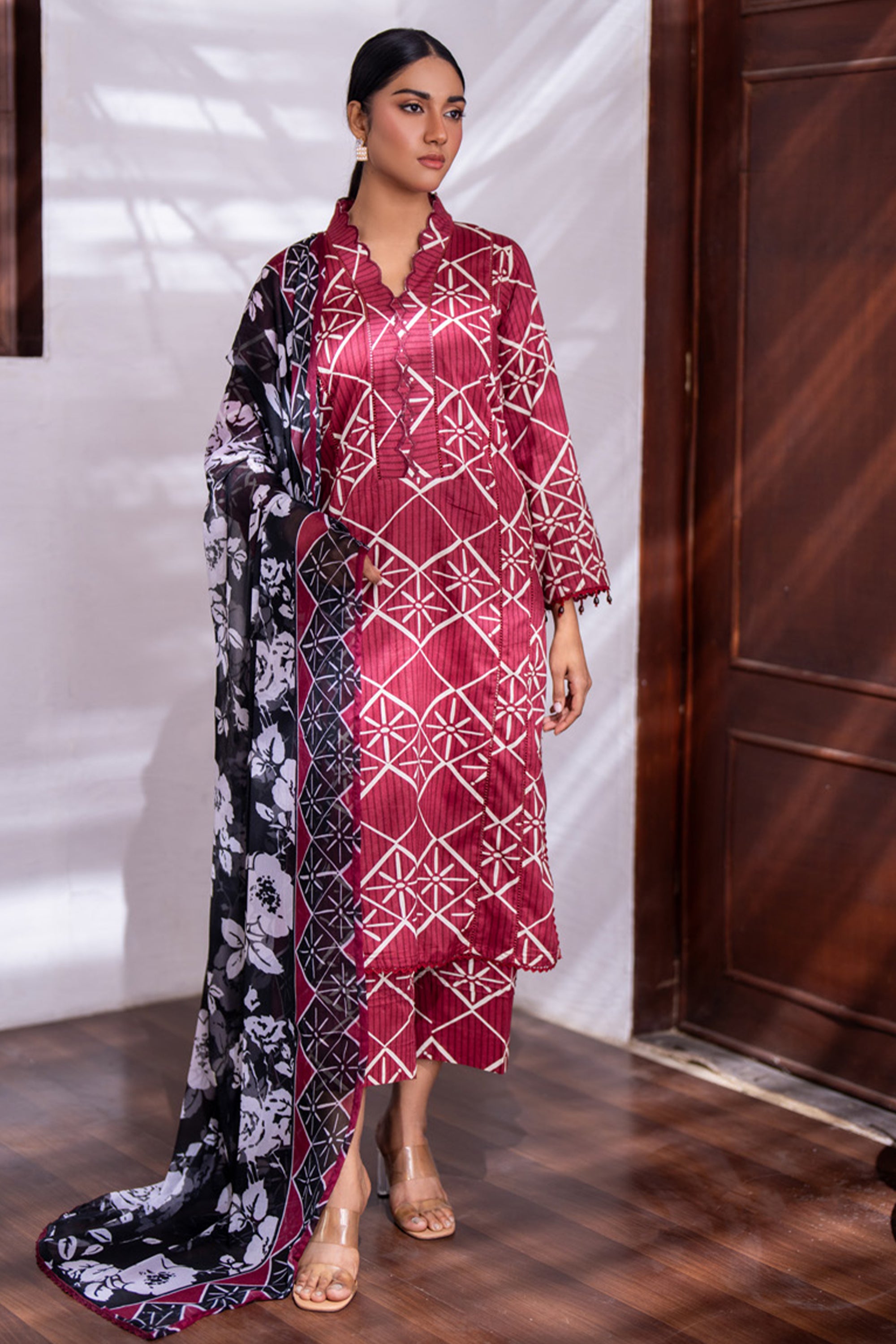 Identic Separates Lawn With Bamber Dupatta Crimson Geometry