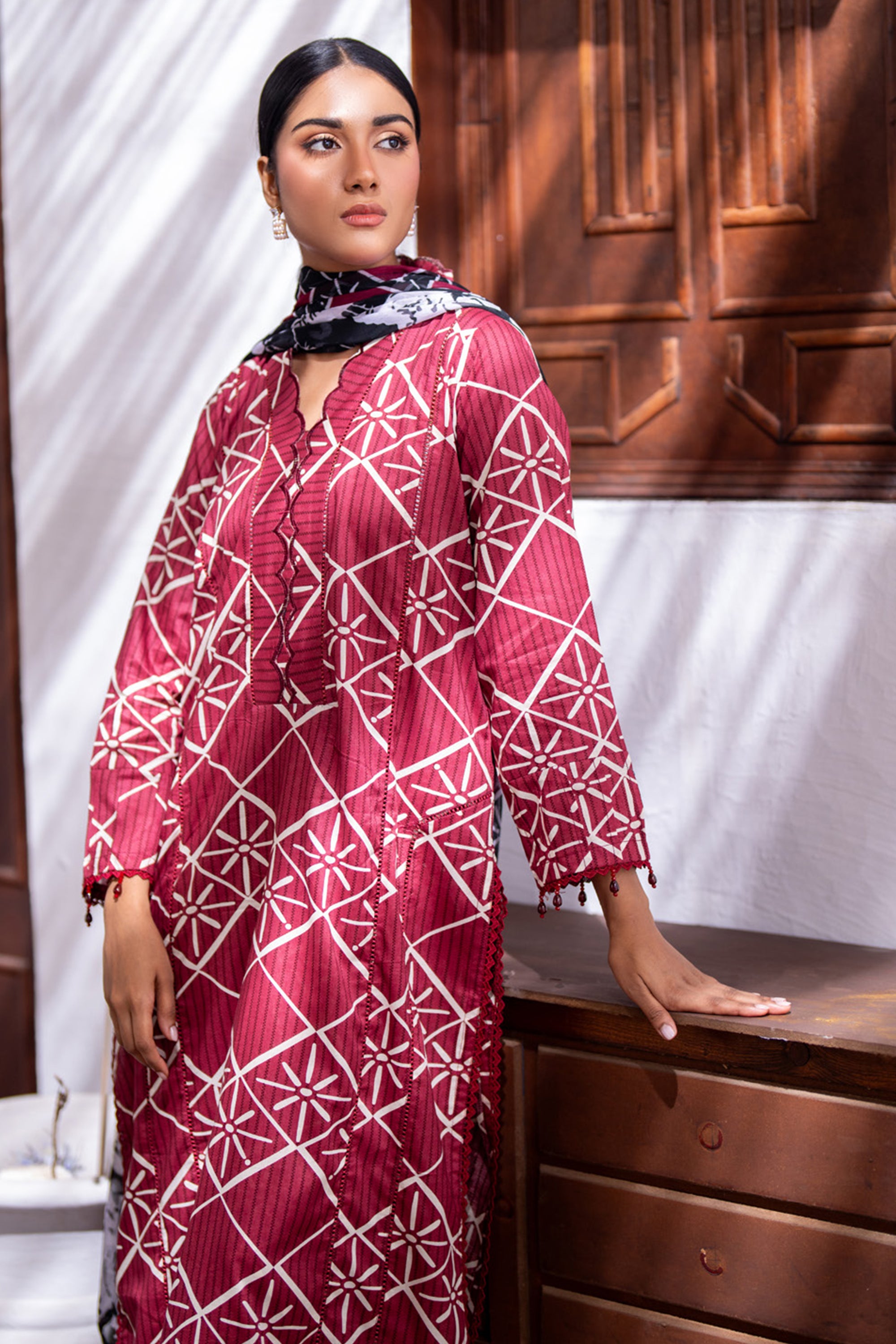 Identic Separates Lawn With Bamber Dupatta Crimson Geometry