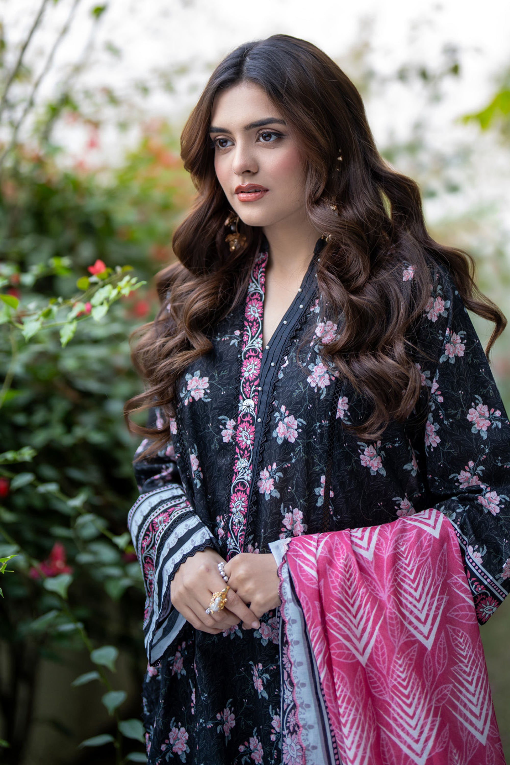 Salina Black & Pink Printed Unstitched 3 Piece Lawn Suit