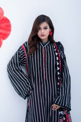 Vertical Stripe Lawn Set with Contrasting Floral Trousers & Dupatta