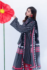 Vertical Stripe Lawn Set with Contrasting Floral Trousers & Dupatta