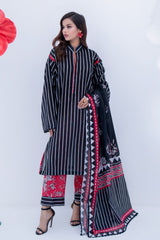 Vertical Stripe Lawn Set with Contrasting Floral Trousers & Dupatta