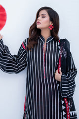Vertical Stripe Lawn Set with Contrasting Floral Trousers & Dupatta