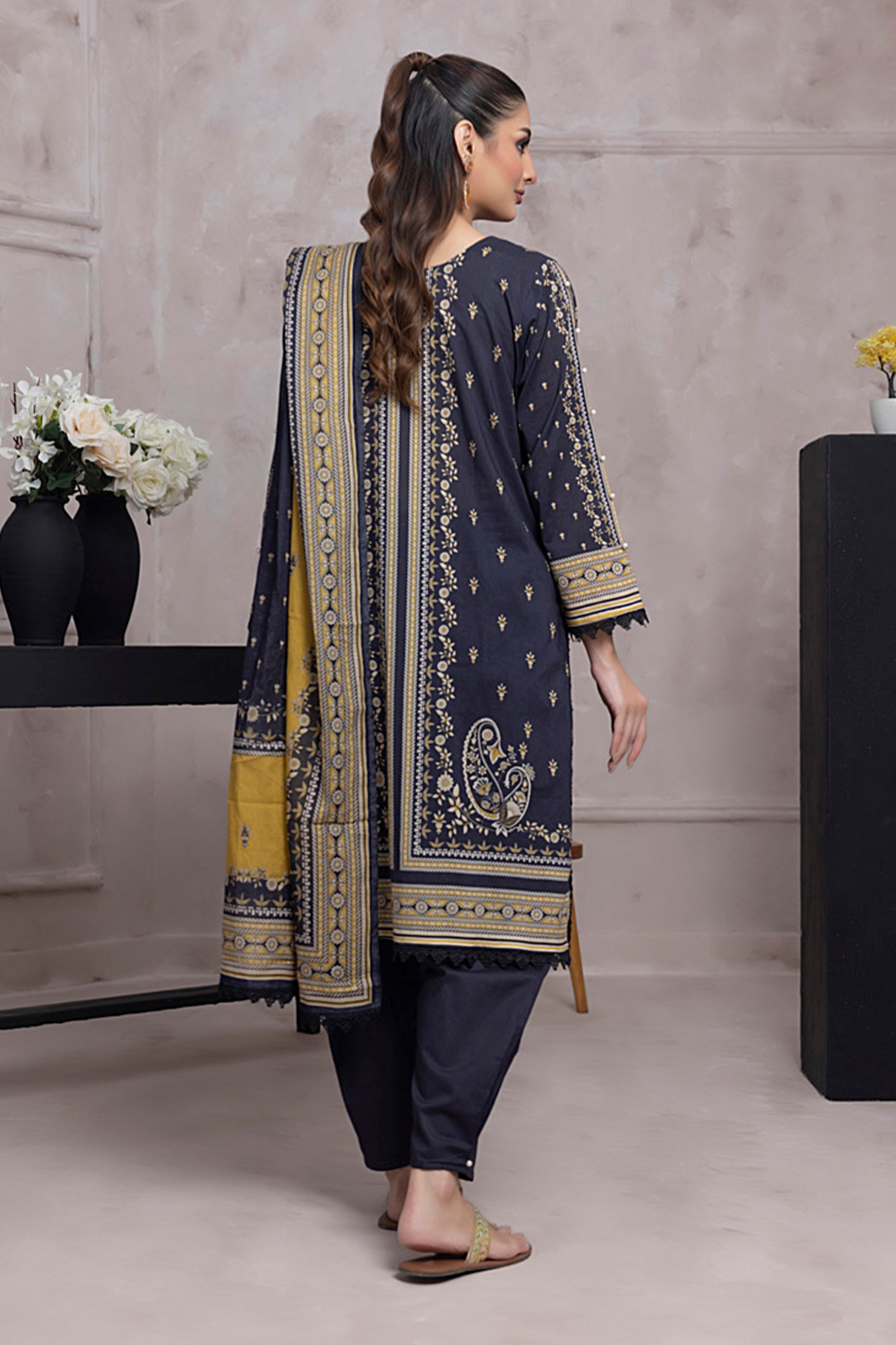 Salina Digital Printed Lawn Navy Blue and Gold