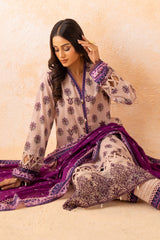 Neutral Base Printed Lawn Ensemble with Contrasting Purple Dupatta