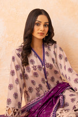 Neutral Base Printed Lawn Ensemble with Contrasting Purple Dupatta