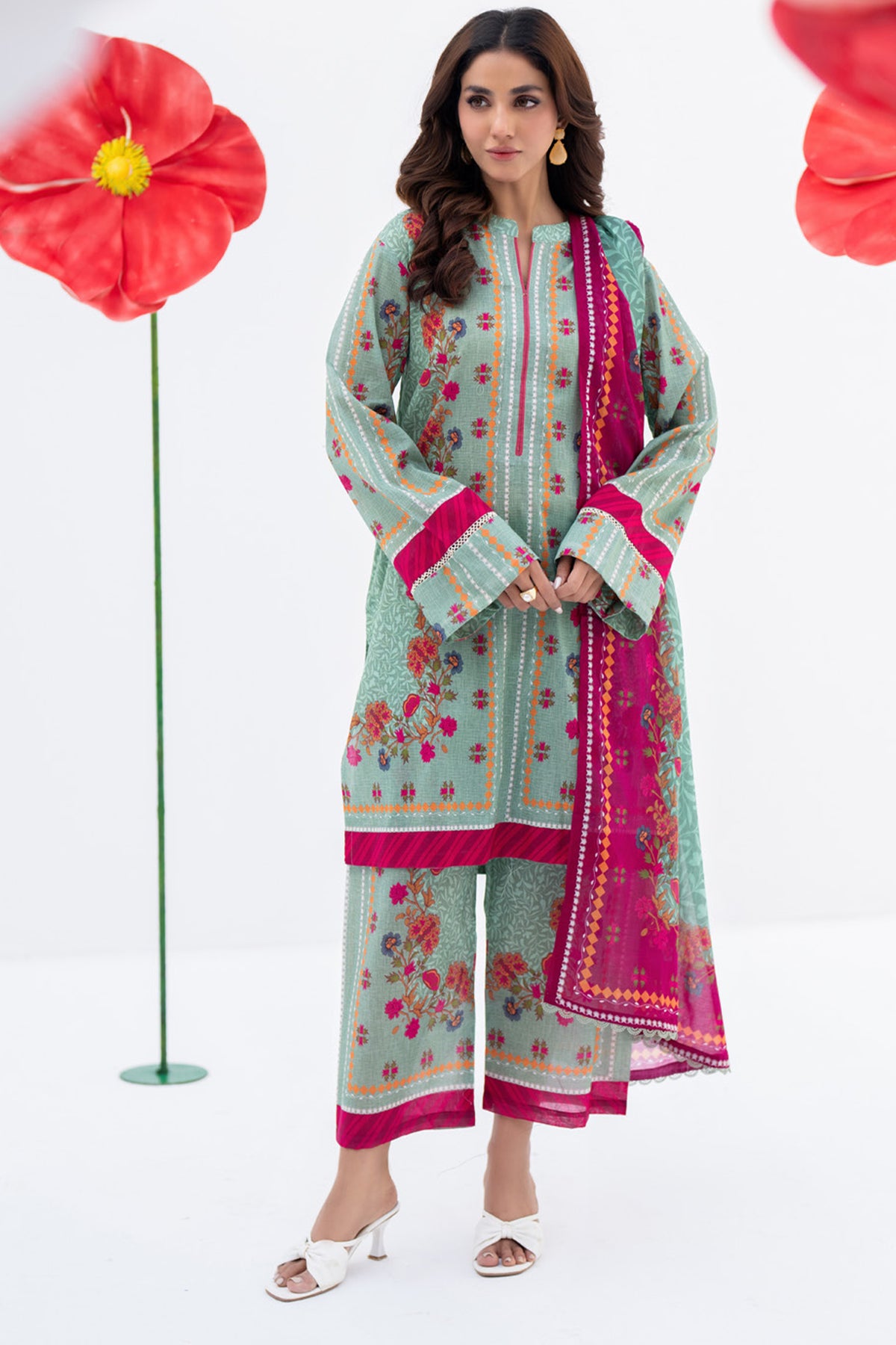 Pastel Floral Print Lawn 3-Piece Suit with Vibrant Scarf