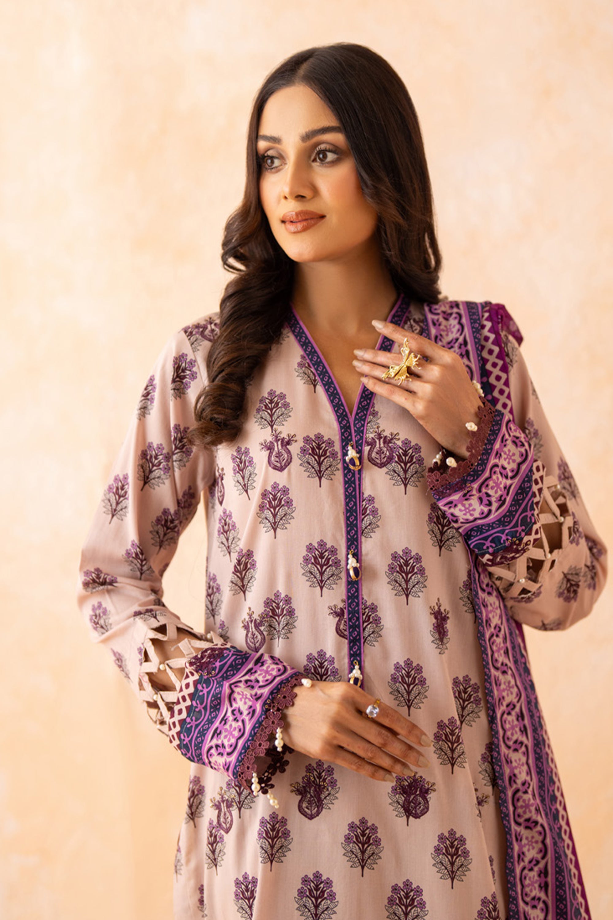 Neutral Base Printed Lawn Ensemble with Contrasting Purple Dupatta