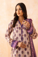 Neutral Base Printed Lawn Ensemble with Contrasting Purple Dupatta