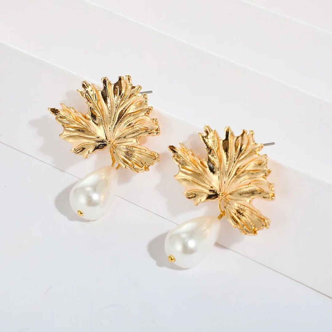 Leaf Pearl Drop Earrings Pair